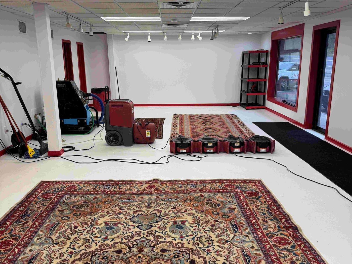 Persian and area rugs laid out for cleaning at the PuroClean facility in Kingston, New York